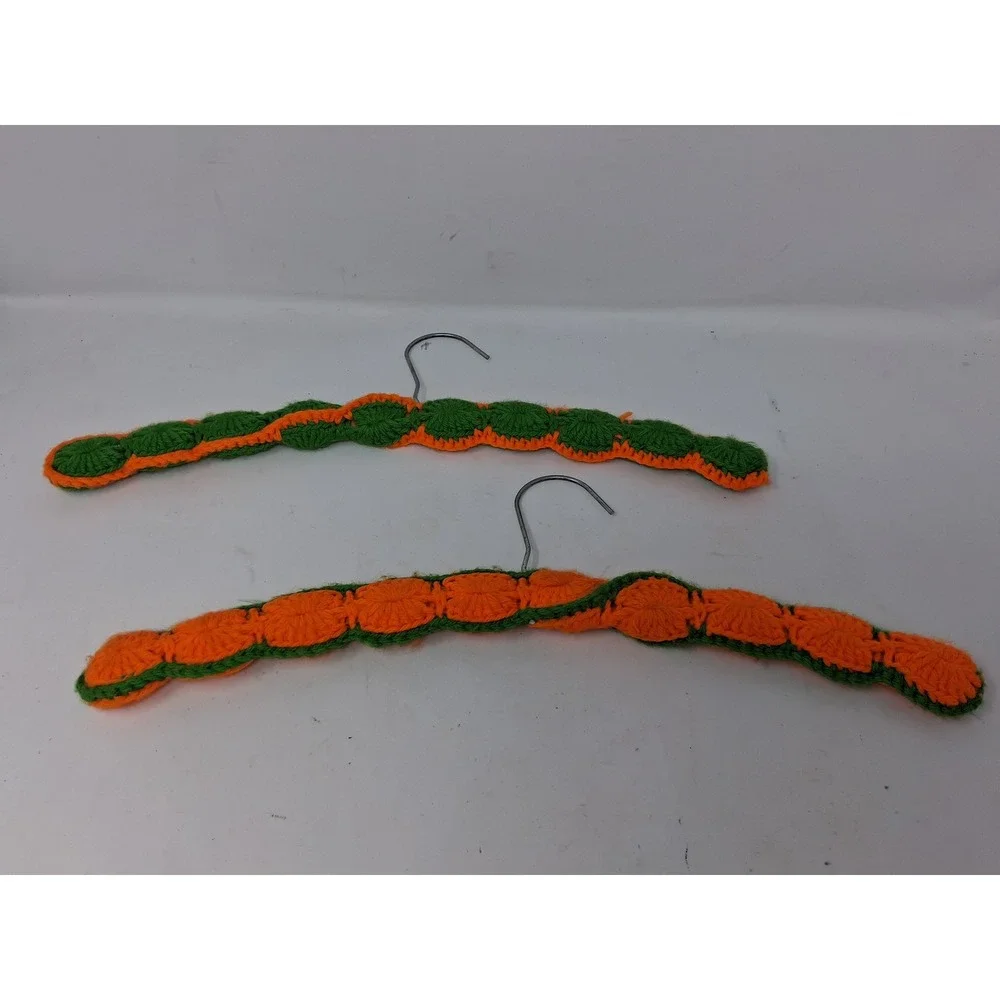 Vintage Handmade Crochet Padded Hanger Set of 2 Orange Green Retro Boho Decor. S